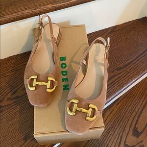 Boden Brown Suede Slingback Flats with Gold Hardware